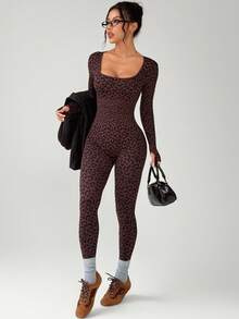Slayform Combinaison à manches longues sans couture imprimé léopard pour femmes - Marron - Voir 2
