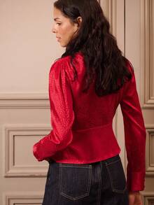 lacRébo Red Satin Leopard Print Jacquard Wrap Front Blouse With Side Button Detail Fall Women Clothes Autumn Winter Office Outfits Christmas Outfits New Year