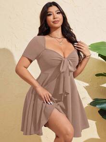 SHEIN MOOSTA Váy bó sát tay ngắn buộc dây phía trước gợi cảm cỡ lớn dành cho nữ, mùa hè - Màu Khaki - Xem 3