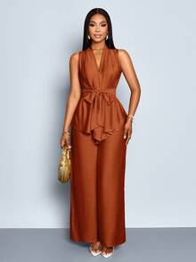 SOLERSUN Women's 2pcs/Set Solid Color Linen-Like Belted V-Neck Sleeveless Blouse And Wide Leg Pants Set - Rust Brown - View 4