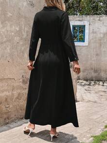 SHEIN Clasi Đầm sơ mi buộc cổ thanh lịch mới dành cho nữ, đầm dài màu xanh lá cây thích hợp để đi làm, mặc hàng ngày và nhiều dịp khác nhau - màu đen - Xem 2