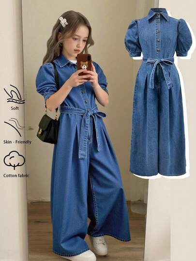 SHEIN 女童蓝色牛仔衬衫式宽松连体裤（配腰带）