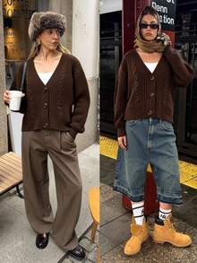 EURMUSE Brown Cable Knit Cardigan With Buttons Brown Cardigan Brown Knitted Cardigan Womens Cardigan Button Up Cardigan,Long Cardigans Woman,Petite Cardigans,Cardigans - Brown - View 1