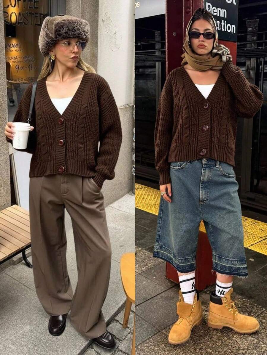 EURMUSE Brown Cable Knit Cardigan With Buttons Brown Cardigan Brown Knitted Cardigan Womens Cardigan Button Up Cardigan,Long Cardigans Woman,Petite Cardigans,Cardigans - Brown - View 1