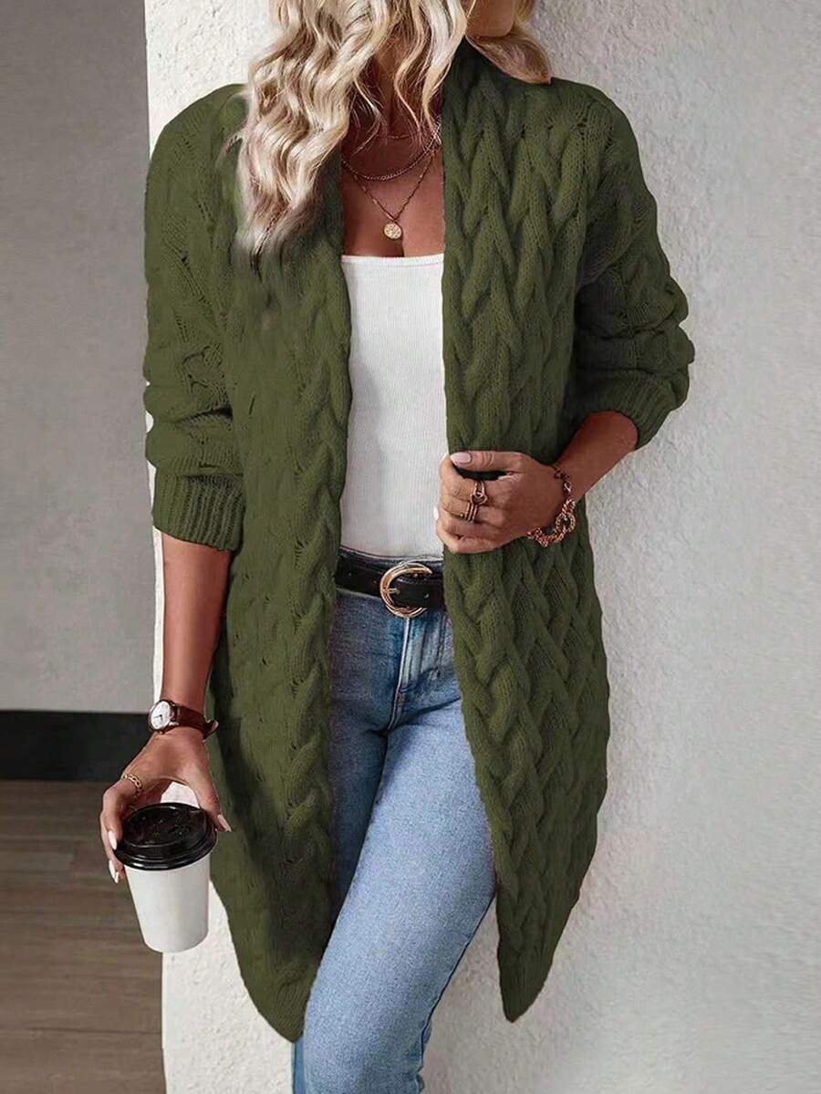 EMERY ROSE Women's Casual Twist Cable Pattern Long Sleeve Knitted Cardigan, Autumn - Army Green - View 1