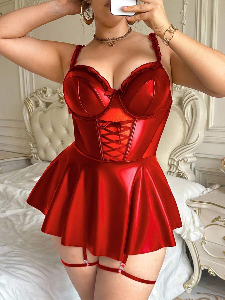 SHEIN Plus Size Sexy PU Leather & Mesh Ruffle Tie-Up A-Line Dress With Garter Belt 4-Piece Set