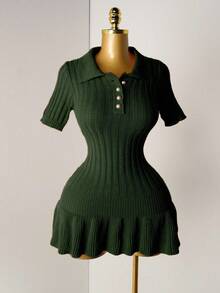 Mistrie 女式针织珍珠纽扣罗纹橙色褶皱迷你连衣裙，短袖性感紧身简约毛衣裙 - 綠色 - 查看 4