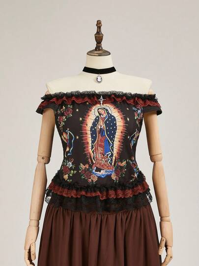 EDITION Blusa de hombros descubiertos para mujer talla grande con ángel oscuro y decoración metálica con encaje