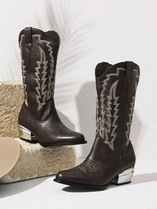 Styleloop Western Cowgirl Embroidered Mid-Calf Boots, Suitable For Summer Vacation, Boho, Music Festival, Party Outfits - Coffee Brown - View 3