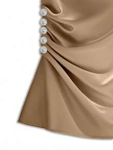 Franclia Women's Elegant Pleated Pearl Button Short Sleeve Ruffle Collar Fitted Blouse - Brown - View 3