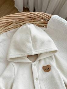 SHEIN 新生女婴可爱卡通图案保暖内衬厚针织连帽连体衣 - 米色 - 查看 6