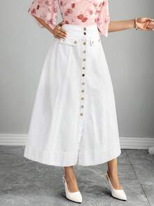 Elenzga Gonna di jeans mini casual e versatile con bottoni frontali in colore unito - Bianco - Visualizzare 4