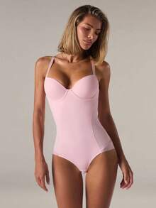 SHEIN BAE Bộ đồ liền thân không tay định hình màu trơn cỡ lớn cho nữ (có gọng) - Hồng - Xem 7