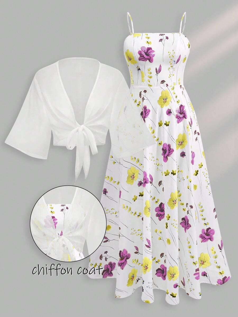 Franclia 两件套加大码女式碎花雪纺连衣裙搭配优雅夏季开衫套装 - 彩色 - 查看 1