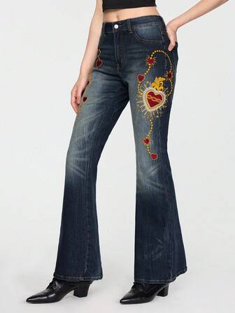 ROMWE Avant Jeans a zampa di donna in stile retrò medievale, con catena a forma di cuore con spine e ricamo a stella, versatili