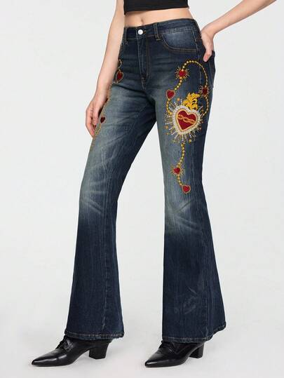 ROMWE Avant Women's Retro Medieval Classic Thorns Heart Chain Star Embroidered Versatile Flare Jeans