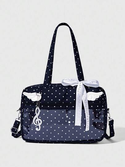 Anime Cute Polka Dot Wing Handbag Shoulder Crossbody Bag, Y2K Versatile Commute Tote Bag Large Capacity + Musical Note Strap