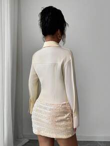Selianne Women's Elegant Sexy Small Lapel Plunging Neckline Long Sleeve Top - Champagne - View 2