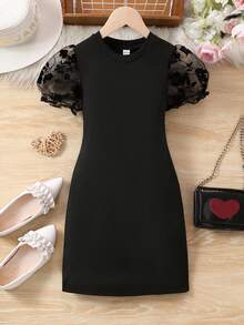 SHEIN Tween Girl 花卉网眼泡泡袖优雅连衣裙