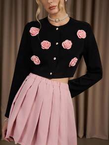 2pcs Women's Set: Black Jacket Paired With Pink Pleated Skirt, Adorned With 3D Pink Floral Decor, Elegant & Romantic Daily Wear