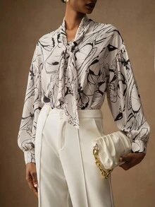 Lyxana 女式花卉蝴蝶印花雪纺灯笼袖系带衬衫 - 彩色 - 查看 5