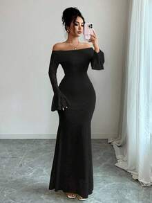 Rafferiza Đầm midi đuôi cá trễ vai tay loe thời trang trẻ trung, tối giản, đa năng, thanh lịch dành cho nữ, mùa thu - màu đen - Xem 4
