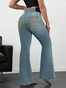 SHEIN Tall Pantalones vaqueros casuales de mujer, pantalones pitillo elásticos acampanados, pantalones vaqueros azules pitillo de talle alto acampanados para mujeres altas, pantalones de verano - Azul lavado medio - Ver 2