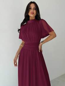 Firerie Women's Elegant Romantic Elegant Daily Commute Beach Vacation Stand Collar Pleated High Waist A-Line Flare Sleeve White Dress,Elegant Dresses For Women,Fall Wedding Guest Dress,Wedding Guest Dress Women - Burgundy - View 7