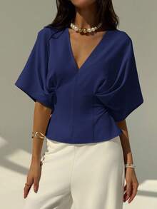 Aloruh Elegant Solid Color Pullover Short Sleeve Blouse, Minimalist Design, Loose Fit, Slim Flattering, Bowknot Tie Back, Versatile For Office/Commute - Navy Blue - View 5