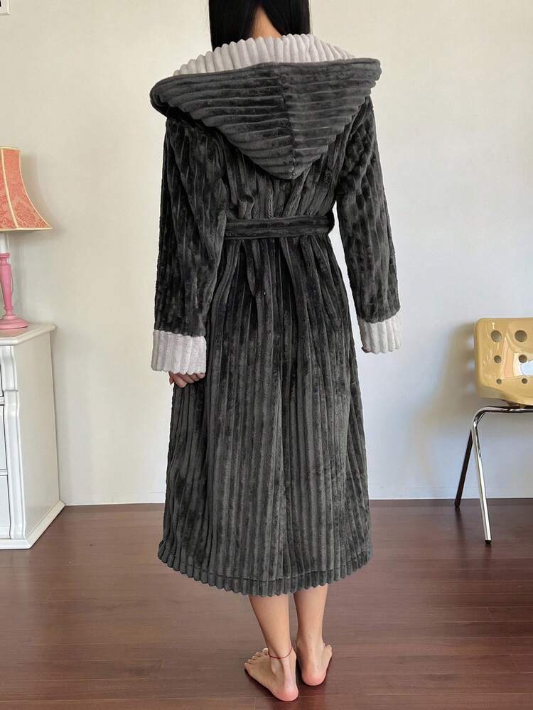 Women's Striped Textured Fleece Color Block Hooded Long Robe, Winter Loungewear, Fall Winter Fluffy Pajama, Cozy Outfit
