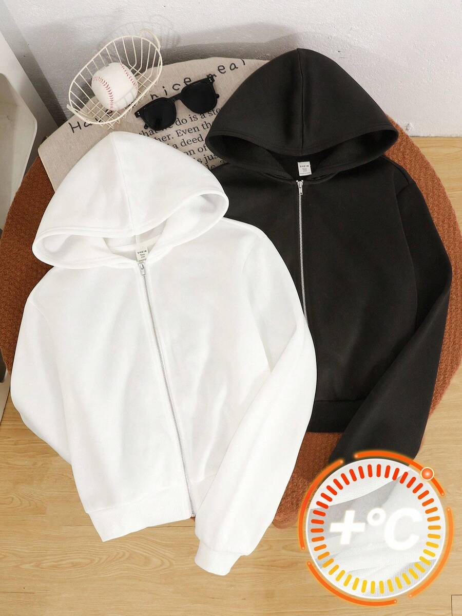 SHEIN 2 件套青少年女孩宽松休闲百搭纯色针织拉链连帽衫，黑色和白色，适合秋冬季 - 黑與白 - 查看 1