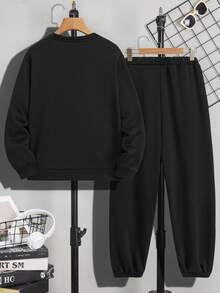 SHEIN 2 件套 MILANO 青少年男孩休闲简约长袖运动衫和裤子套装，适合秋季 - 黑色 - 查看 3
