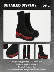 Sugerpunk Women's Round Toe Platform Thick Sole Embroidered Dragon Pattern Suede Slip-On Black Ankle Boots