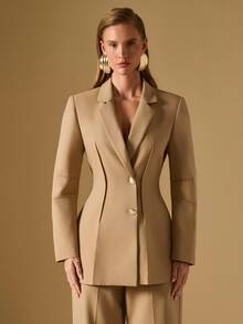 Briarwyn Áo khoác blazer cổ ve lật thanh lịch thời trang dành cho nữ, cài một hàng khuy - Màu Khaki - Xem 3