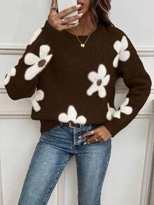 EMERY ROSE Women's Casual Contrast Color Jacquard Round Neck Drop Shoulder Knit Sweater, Christmas - Brown - View 4