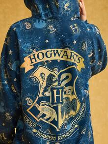 HARRY POTTER X SHEIN 女士字母印花连帽长袖衬衫 - 藏蓝色 - 查看 6