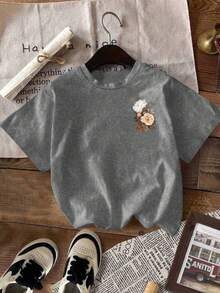 SHEIN LUNE Áo thun tay ngắn họa tiết thường ngày dành cho nữ, áo mùa hè dễ thương, phong cách nghỉ dưỡng - Xám - Xem 3