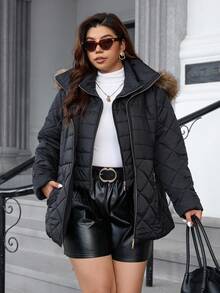 SHEIN Clasi Plus Size Minimalist Quilted 2 In 1 Hooded Padded Coat With Fur Collar Women Puffer Jacket Women Winter Coat Women Quilted Jacket Faux Fur Hooded Jacket Women Outerwear Multifunctional Warm Jacket Old Money Style High Collar Winter Jacket With Fur Collar Winter Clothes Fall Clothes For Women 2025 Autumn And Winter New Style Comfortable And Warm Halloween Costumes Christmas New Year With Pocket With Detachable Fur Collar With Fur Collar