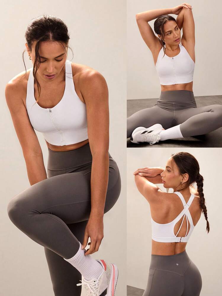 吸汗速乾 高圧縮 前ファスナー モールドカップ クリスクロス マルチストラップ バック Uネック スポーツブラ ミディアムインパクト ランニング ジョギング トレーニング ジム ワークアウト