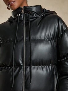 Bóhologie Women's Faux Leather Padded Coat With Zip-Up Front, Drawstring Hood, Stand Collar, Side Pockets, Quilted Warm Winter Jacket, Water-Resistant Insulated Outerwear, Loose Fit Street Style, Modern Casual Fashion, Long Sleeve PU Bubble Parka Puffer Jacket Black Puffer Jacket Women's Black Jacket Outerwear Women Women's Jacket - Black - View 4