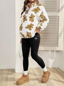 SHEIN Autumn And Winter Pregnant Women's Casual Versatile Bear Print Sweatshirt, Winter - Khaki - View 5