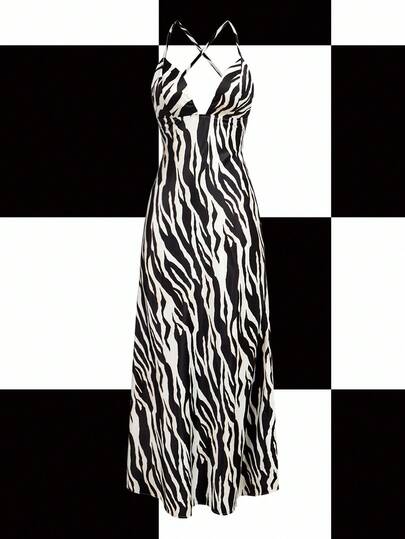 Shutterstock Y2Kool Damen Tierprint Sexy Wild Kleid Satin Kleid Grafik Kleid Zebra Kleid Zebra Muster Kleid Tierprint Kleid Passende Idee Party Kleid Stilvolle Bekleidungskollektion Neujahrskostüme