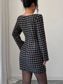 Elenzga Women's Elegant Vintage Black & Coffee Plaid Woolen Fabric Fitted Short Dress With Square Collar, Autumn/Winter - Multicolor - View 2