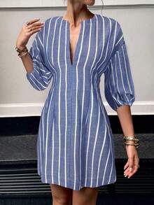 Siren Gaze 女式时尚通勤条纹腰迷你连衣裙 - 藍白色 - 查看 4
