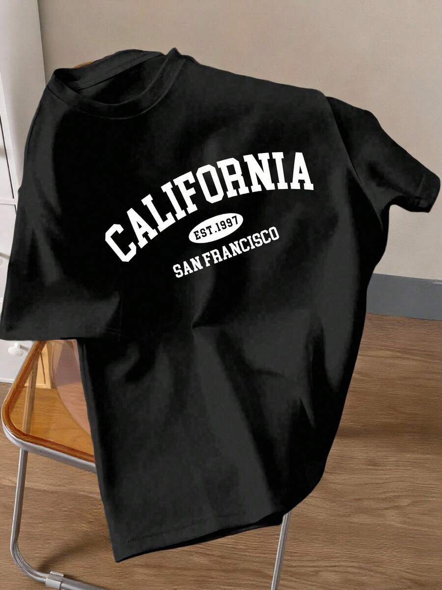 Manfinity Joysei Fashionable Casual Young Casual California Letter Contrast Color Graphic Print Regular Fit Crew Neck Short Sleeve T-Shirt For Men, Suitable For Dates, Gatherings, Essential, Suitable For Couples, Family Matching, Great Gift For Boyfriend Graphic Tee