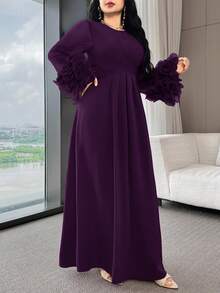 Modelyn Women's Solid Color Round Neck 3D Floral Cuff Elegant Arabic Dress