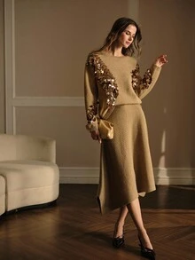 MOTF PREMIUM RIB-KNIT ASYMMETRICAL HEM SWEATER SKIRT