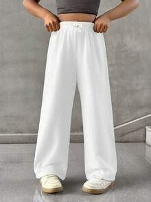SHEIN 青少年女孩简约前系带宽松运动裤，休闲日常穿着 - 白色 - 查看 6