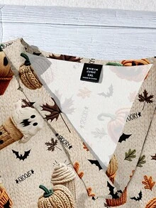 EMERY ROSE Plus Size Women Cute Beige Halloween Pumpkin & Monster Graphic V-Neck Ruffle Trim Short Sleeve Casual Autumn Holiday Blouse,Halloween Costume Party - Multicolor - View 3