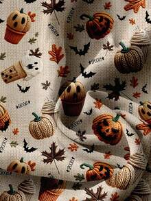 EMERY ROSE Plus Size Women Cute Beige Halloween Pumpkin & Monster Graphic V-Neck Ruffle Trim Short Sleeve Casual Autumn Holiday Blouse,Halloween Costume Party - Multicolor - View 5